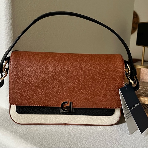 NEW Cole Haan Brown and Cream Leather Shoulder Bag w/long strap and dust bag - Picture 6 of 10